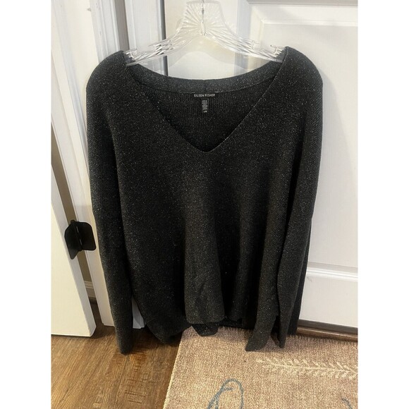 Eileen Fisher Merino Sparkle Wool Boxy Holiday Sweater L Black - Picture 1 of 8